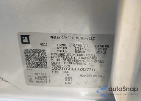 2019 Chevrolet Silverado 1500 Ltz из США, поврежденный, VIN 1GCUYGEL1KZ427711